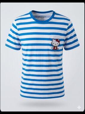 Hello Kitty Blue & White Striped Short Sleeve Tee with Pocket Patch Large